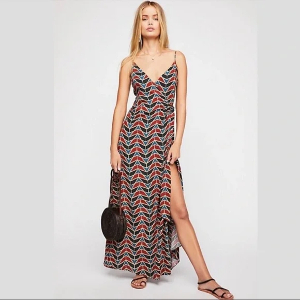 Free People Siren Wrap Maxi Dress Navy/Red Geometric Pattern Linen Blend XS